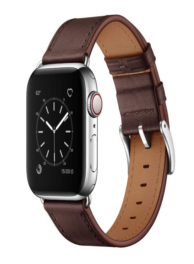 OUHENG Leather Bands Compatible with Apple Watch Band 49mm/46mm/45mm/44mm/42mm, Genuine Leather Strap for iWatch Series 11/10/9/8/7/6/5/4/3/2/1 & Ultra 3/2/1 & SE3 SE2 SE, Chocolate Brown/Silver - Image 1